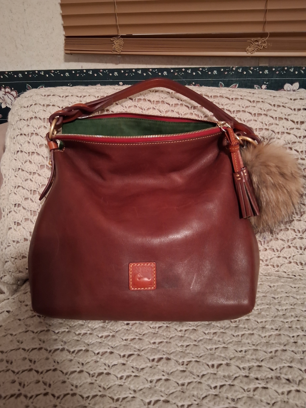 Dooney Bourke Leather Hobo Tote Bag in Brown with Fur Pom